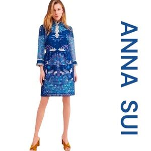 ANNA SUI Long Sleeve Peacock Border Shift Dress, Size 8.